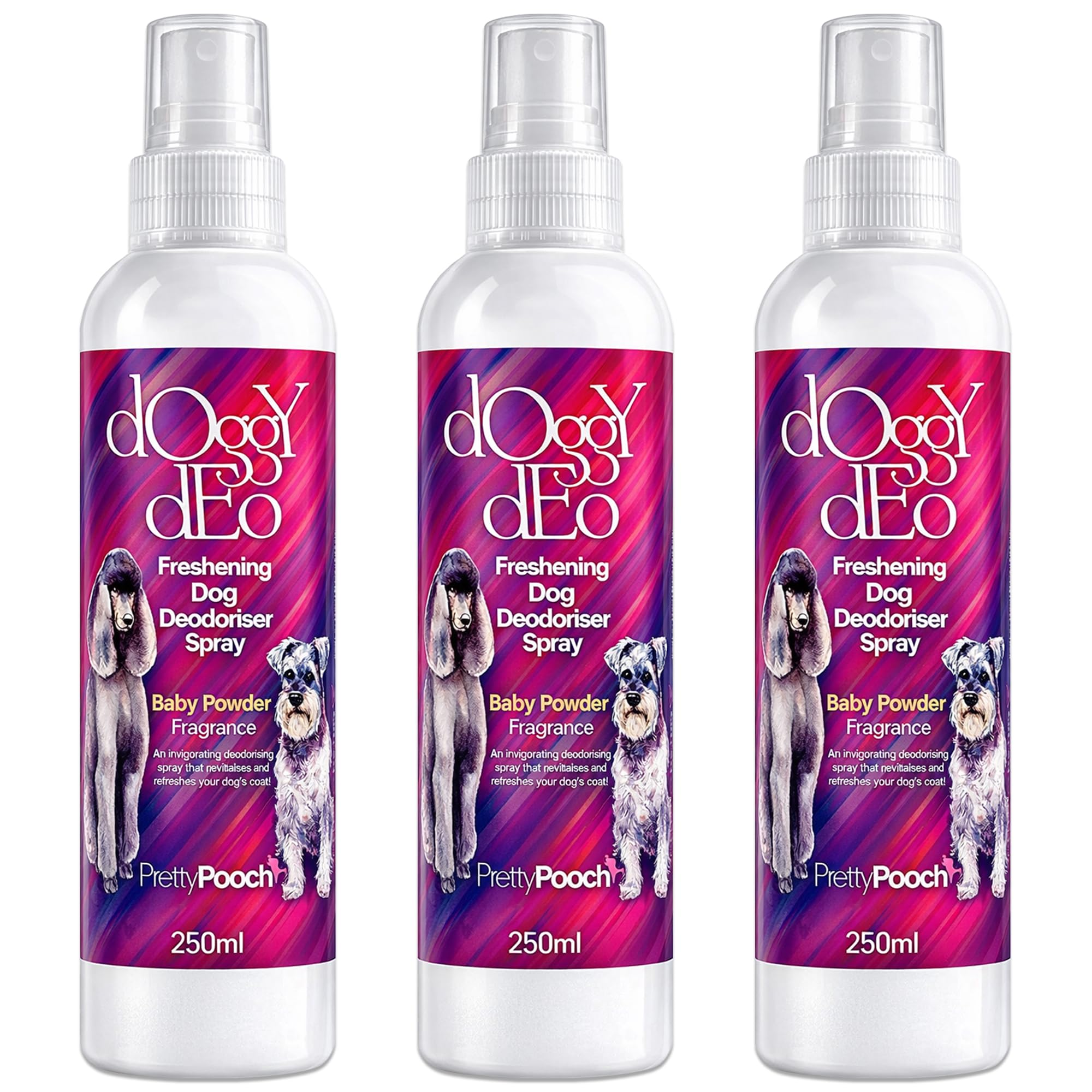 Pretty Pooch Dog Deodoriser Spray Perfume - Baby Powder - 3 Pack of 250ml - Freshening Dry Shampoo Spray for Dogs - Made in the UK