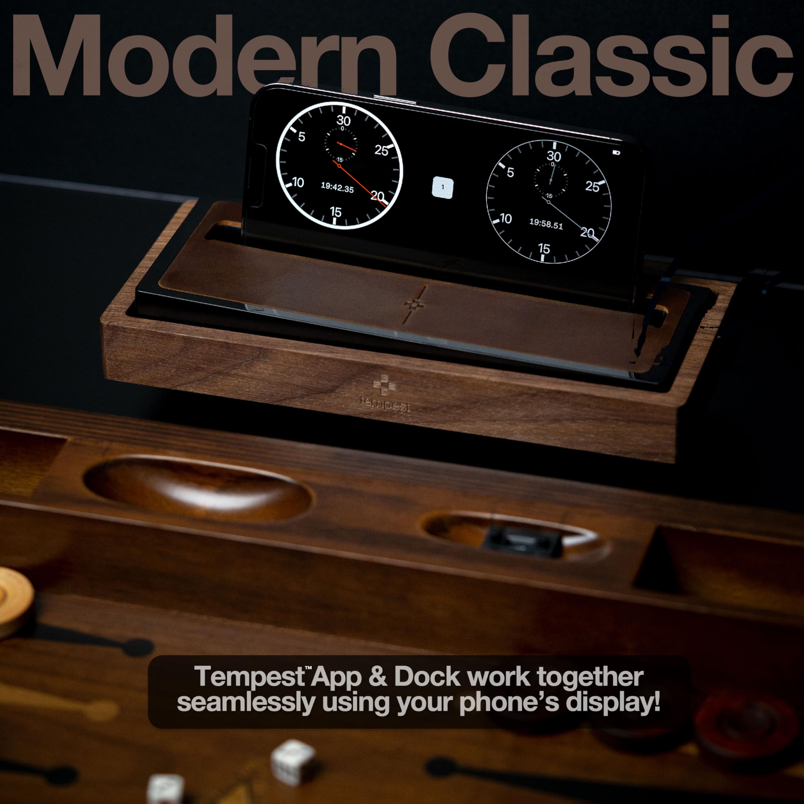 Tempest Deluxe Chess Clock: Zegar szachowy z litego orzecha i prawdziwej skóry, aplikacja iOS/Android