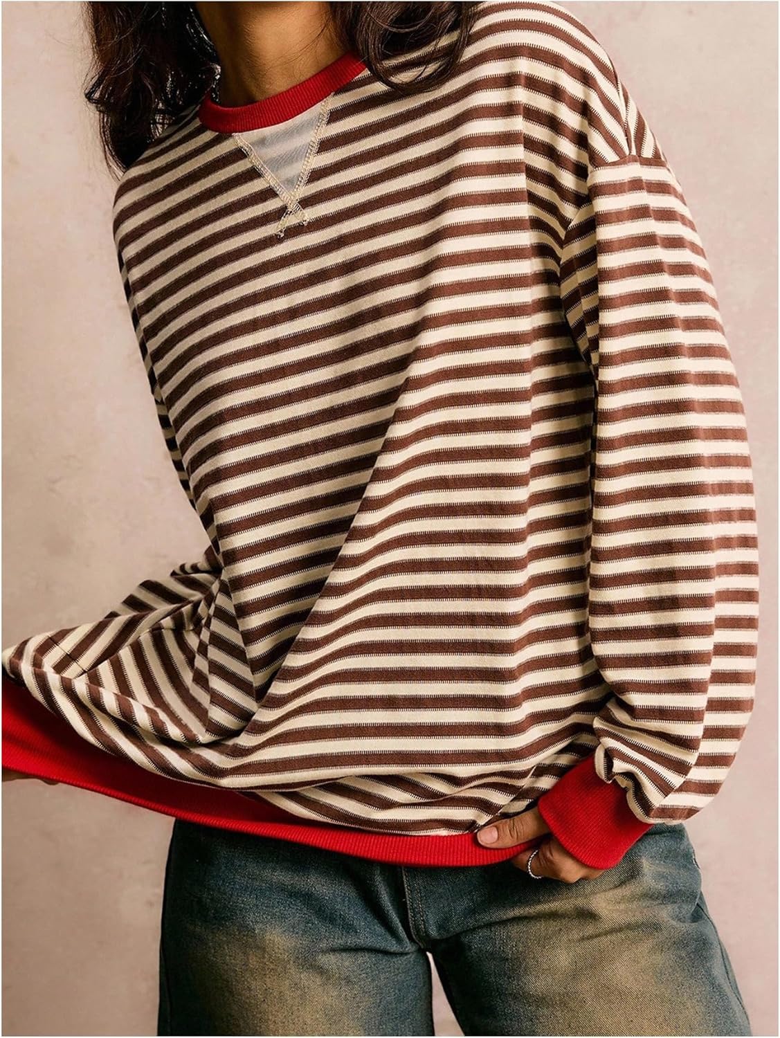 Floerns Women's Striped Long Sleeve Fall Sweatshirts Crewneck Vintage Oversized Pullover Tops - Image 3