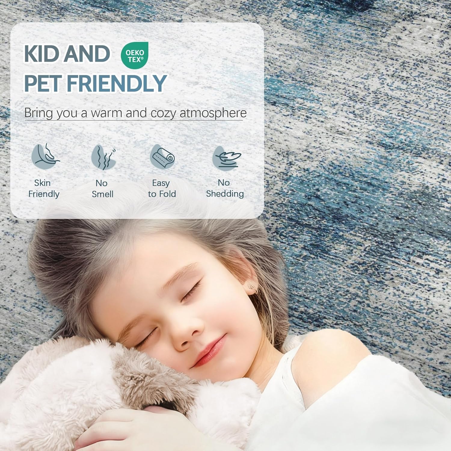 Washable Rug 6x9 Area Rug：Large Abstract Non Slip Rugs Neutral Soft Low Pile Carpet for Living Room Bedroom Nursery Dining Room Office (Blue, 6'x9')