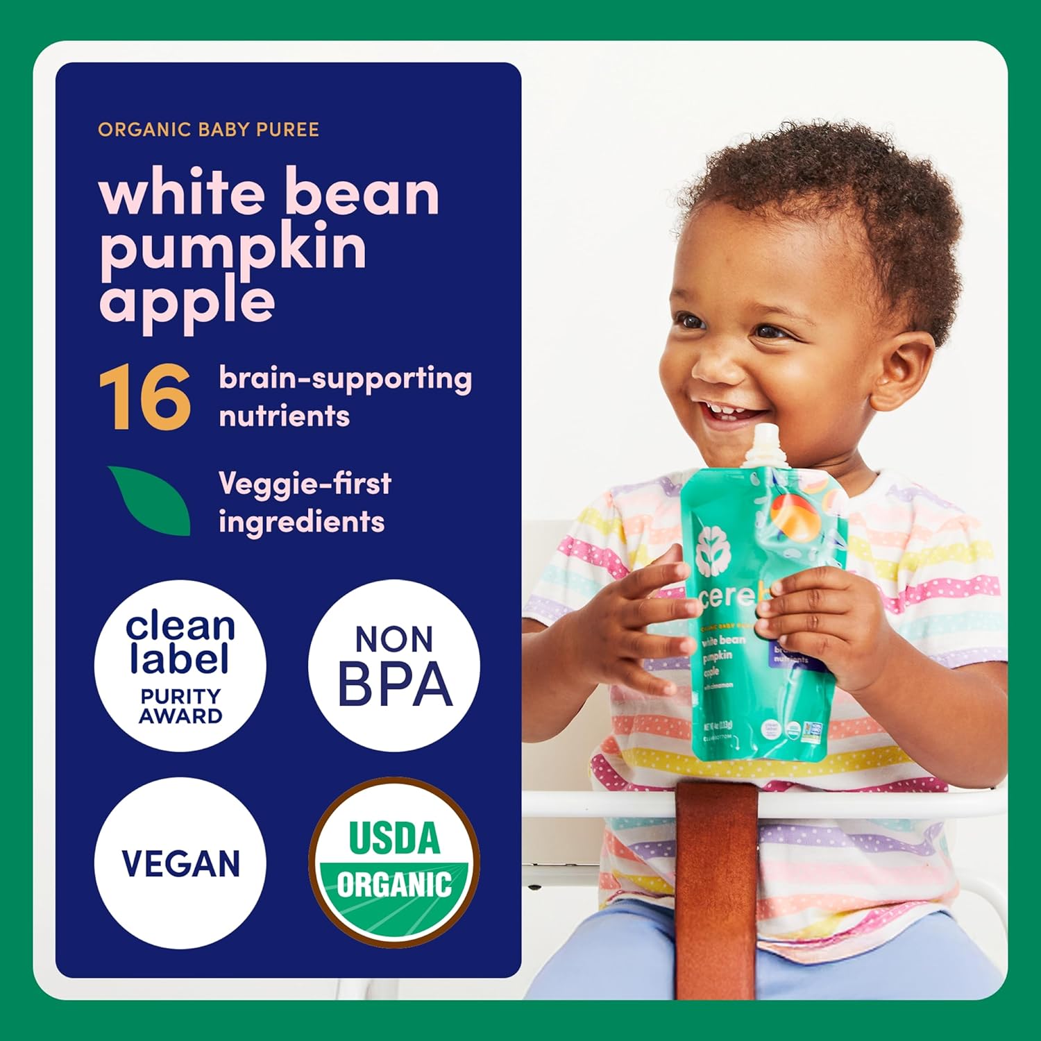 Cerebelly Organic Baby Food Pouches, White Bean Pumpkin Apple Purees, 16 Nutrients, No Added Sugar, Fiber & Non-GMO, 4oz, 6 Pack - Image 3