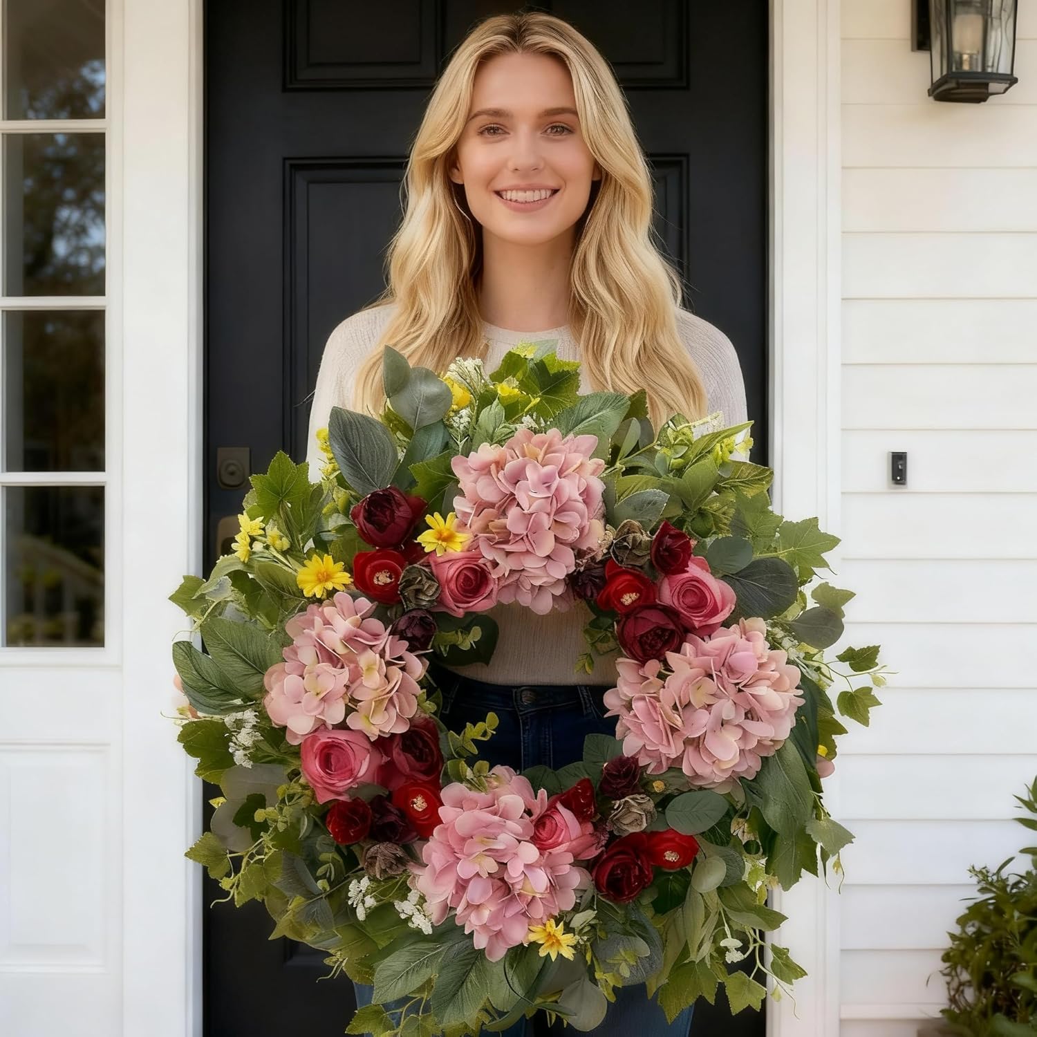 HipTree 24 Inch Spring Wreaths for Front Door,Handmade Pink Burgundy Hydrangeas & Roses Floral Wreath for Summer Mother's Day Valentine's Day Decorations,Indoor Outdoor and Wall Decor