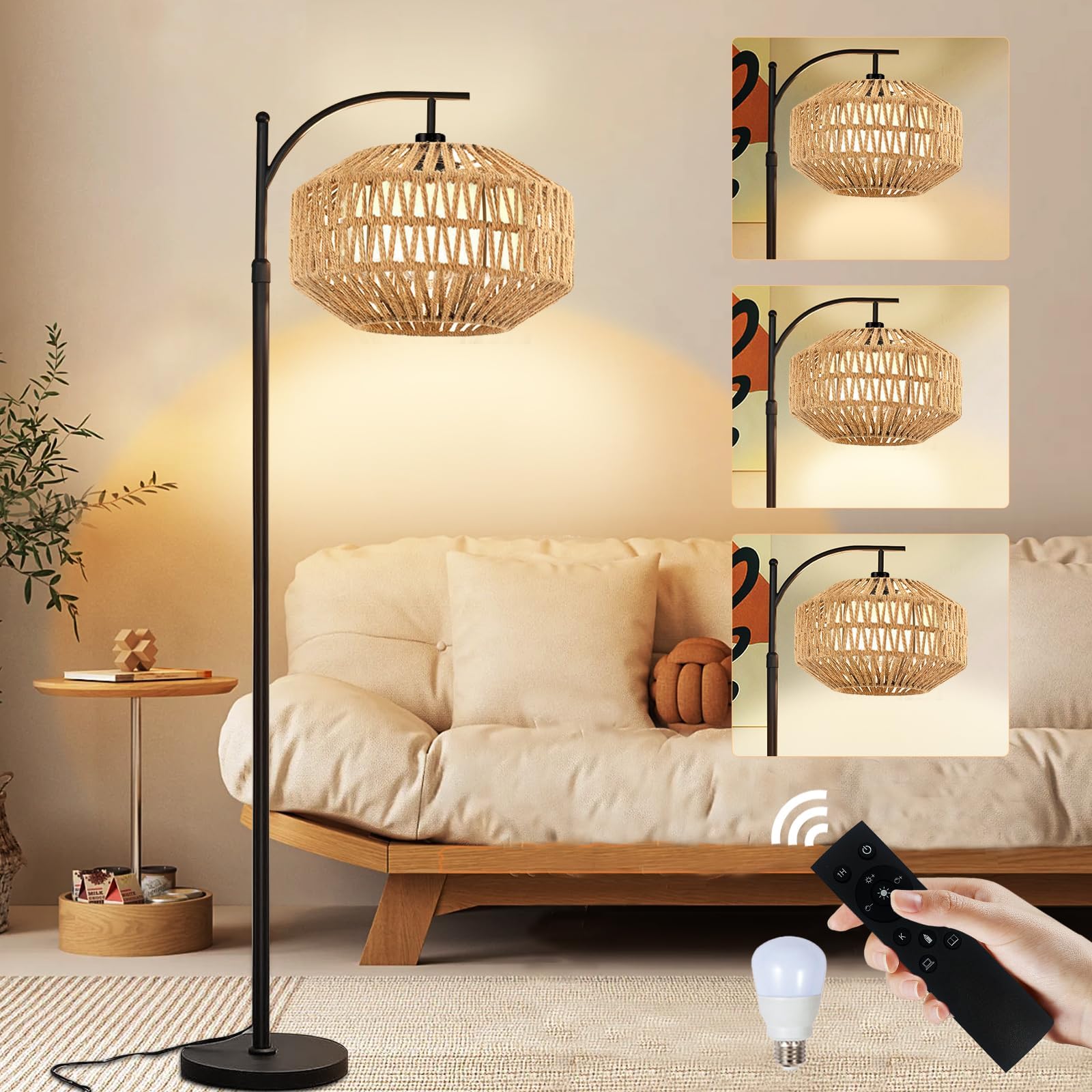Lampe de table en bois flotté, abat-jour en osier cérusé gris, pied en
