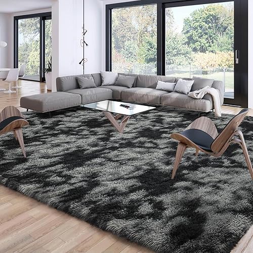 Merelax Soft Area Rugs for Livingroom Bedroom, Shaggy Plush Fuzzy Fluffy Carpet Furry Fur Rug, Modern Indoor Comfy Nursery Kids Dorm Home Decor Floor Mat, 8 x 10 ft, Tie-Dyed Black & Grey