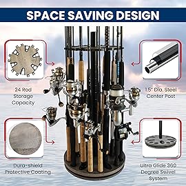 Rush Creek Creations Fishing Rod Holders for Garage 360 Degree Rotating Fishing Pole Rack, Floor Stand Holds up to 24 Rods. Fishing Gear Equipment Storage Organizer, Fishing Gifts for Men