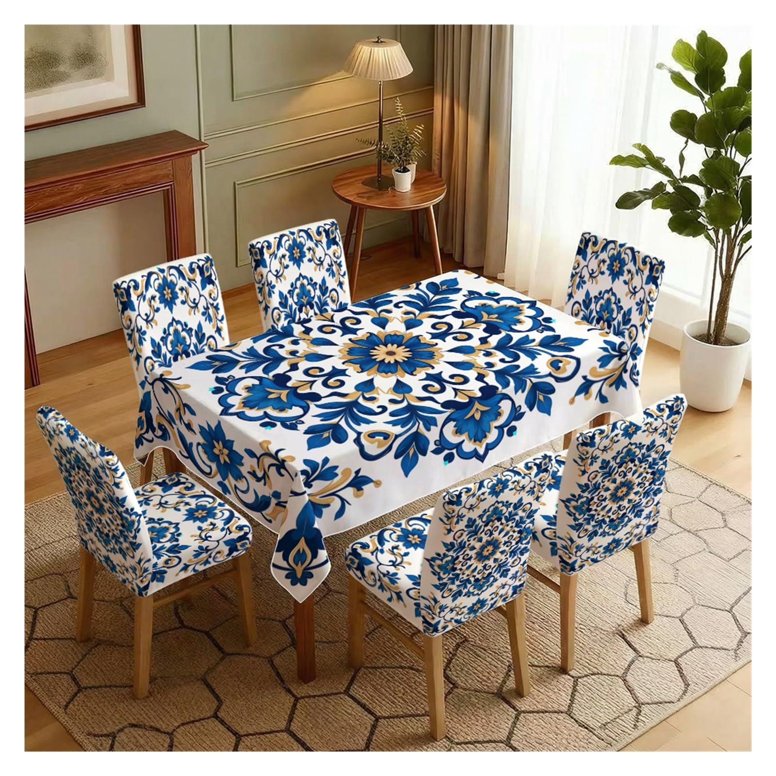 BOSUYBN Stretch Dining Chair Slipcovers And Tablecloth Set, Blue Gold Damask Floral Print, 5/7 Pack For Dining Room Elegant Home Decor Table Setting(7pcs Set: Tablecloth+Chair Covers)
