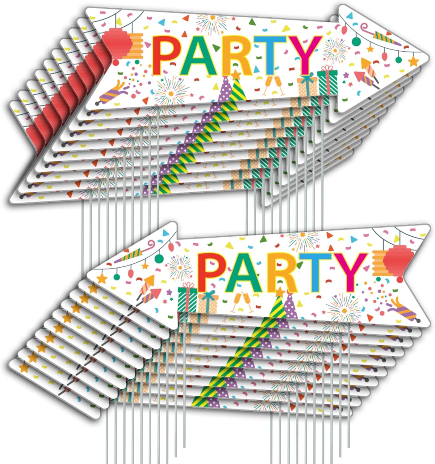 Party Signs with Stakes, 16 Inches by 5 Inches - Double Sided Signs - Corrugated Plastic - Colorful Birthday Party This Way Sign with Arrow for Yard Outdoors. (20)