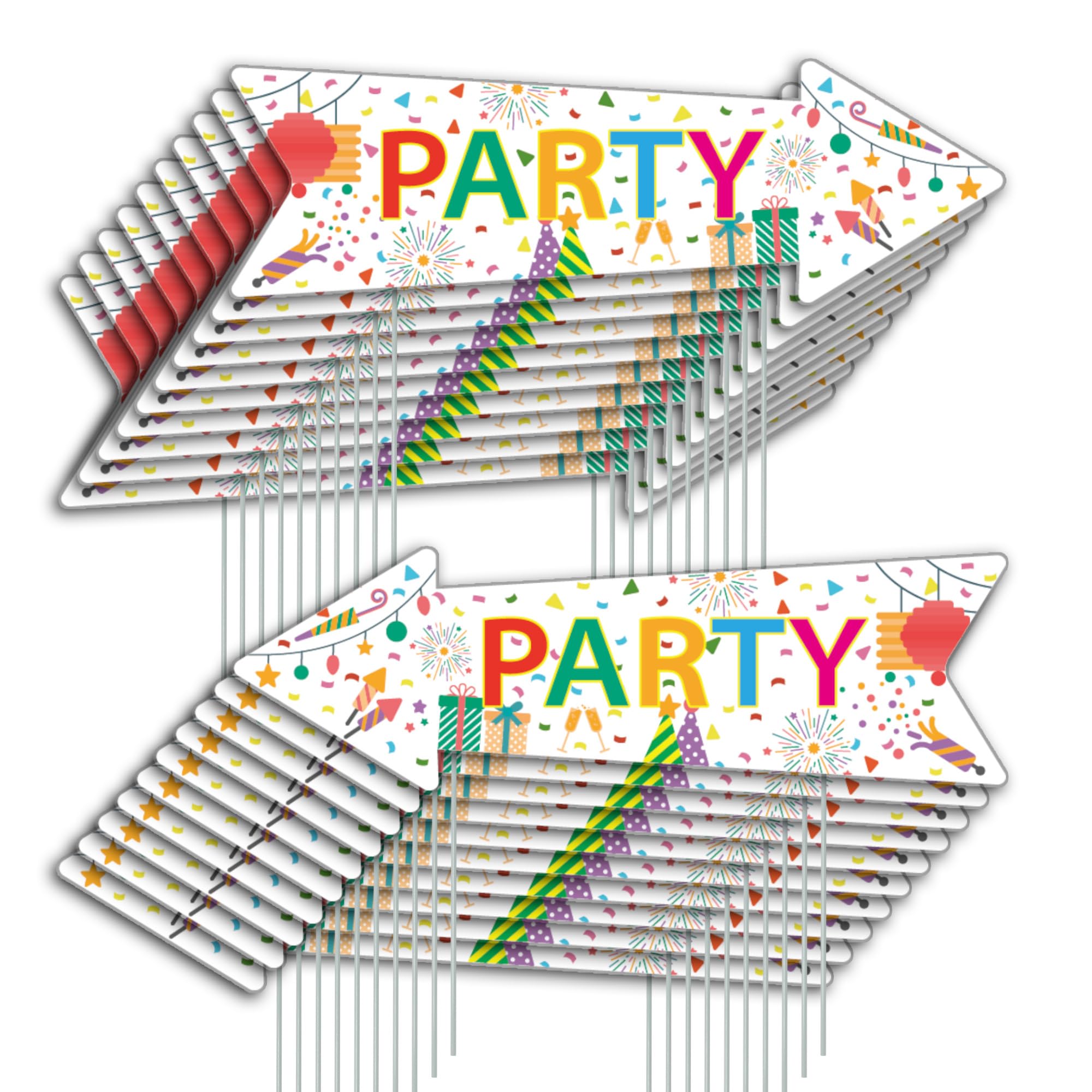 Party Signs with Stakes, 16 Inches by 5 Inches - Double Sided Signs - Corrugated Plastic - Colorful Birthday Party This Way Sign with Arrow for Yard Outdoors. (20)