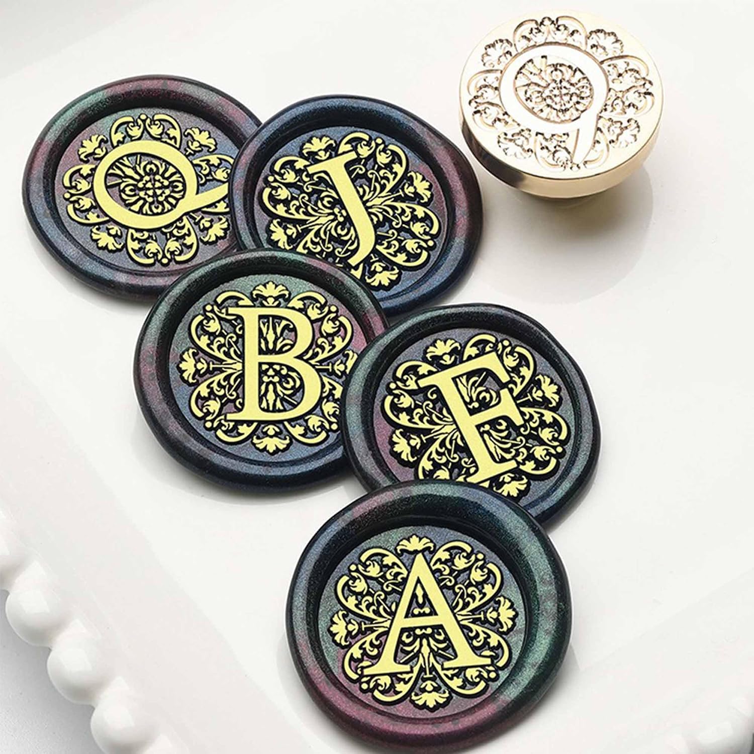 Letter Wax Seal Stamp Kit - Wax Stamp for Initial Sealing, 0.98 Inch/25mm Baroque Brass Seal, Alphabet Stamps with Handle (Letter J)