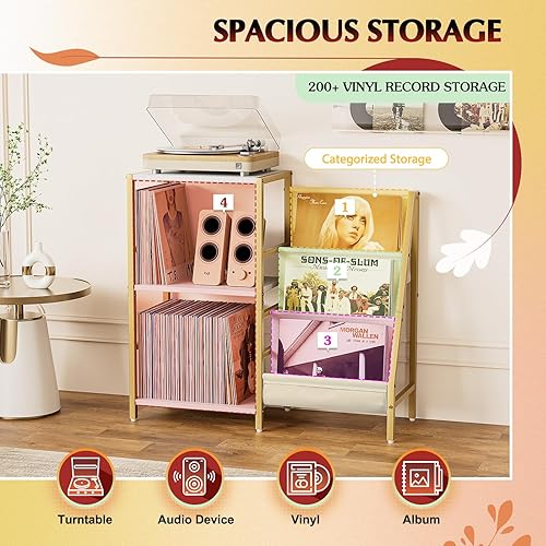 Miniatura 3 de Soporte para tocadiscos, soporte para tocadiscos con almacenamiento de discos de vinilo de 3 niveles, mesa para tocadiscos 200 álbumes, mesa
