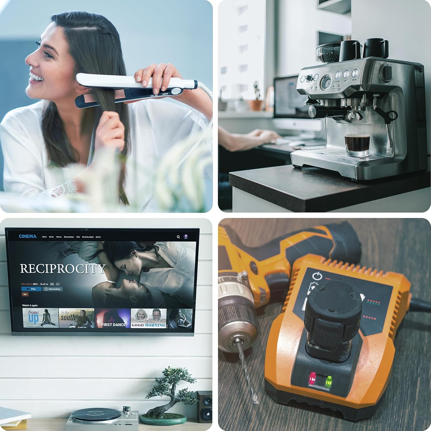 Collage of various appliances like a hair straightener, coffee machine, television, and power tool charger, illustrating common uses for the timer socket.
