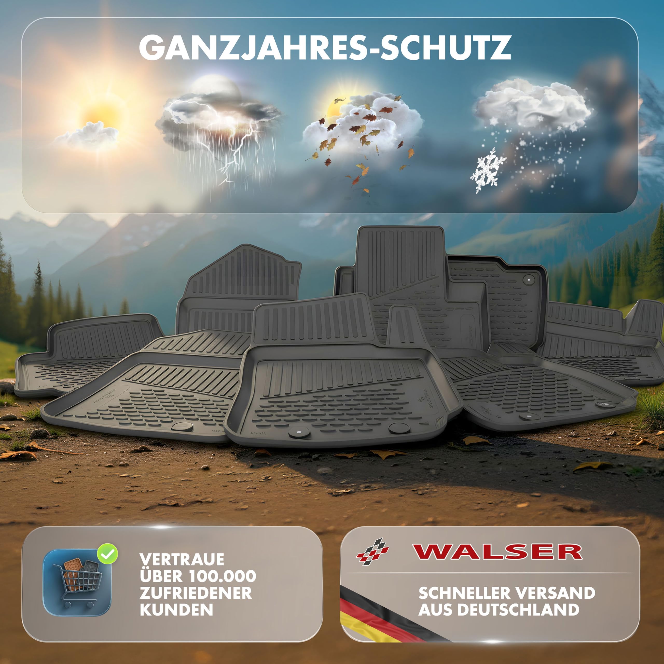 WALSER XTR Gummi Fussmatten Auto für Ford Tourneo Custom Bus (F3), 8 Sitzer 2012 - Facelift 2017, 100% passgenaue Auto Fußmatten, robuste Universal Fußmatte Auto, Gummimatten Auto