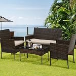 BestOffice Meubles de patio 4 Pièces En Intérieur Extérieur Chaises en rotin Patio en osier Chaises de conversation avec table et coussins beiges pour jardin de jardin de porche,Brown