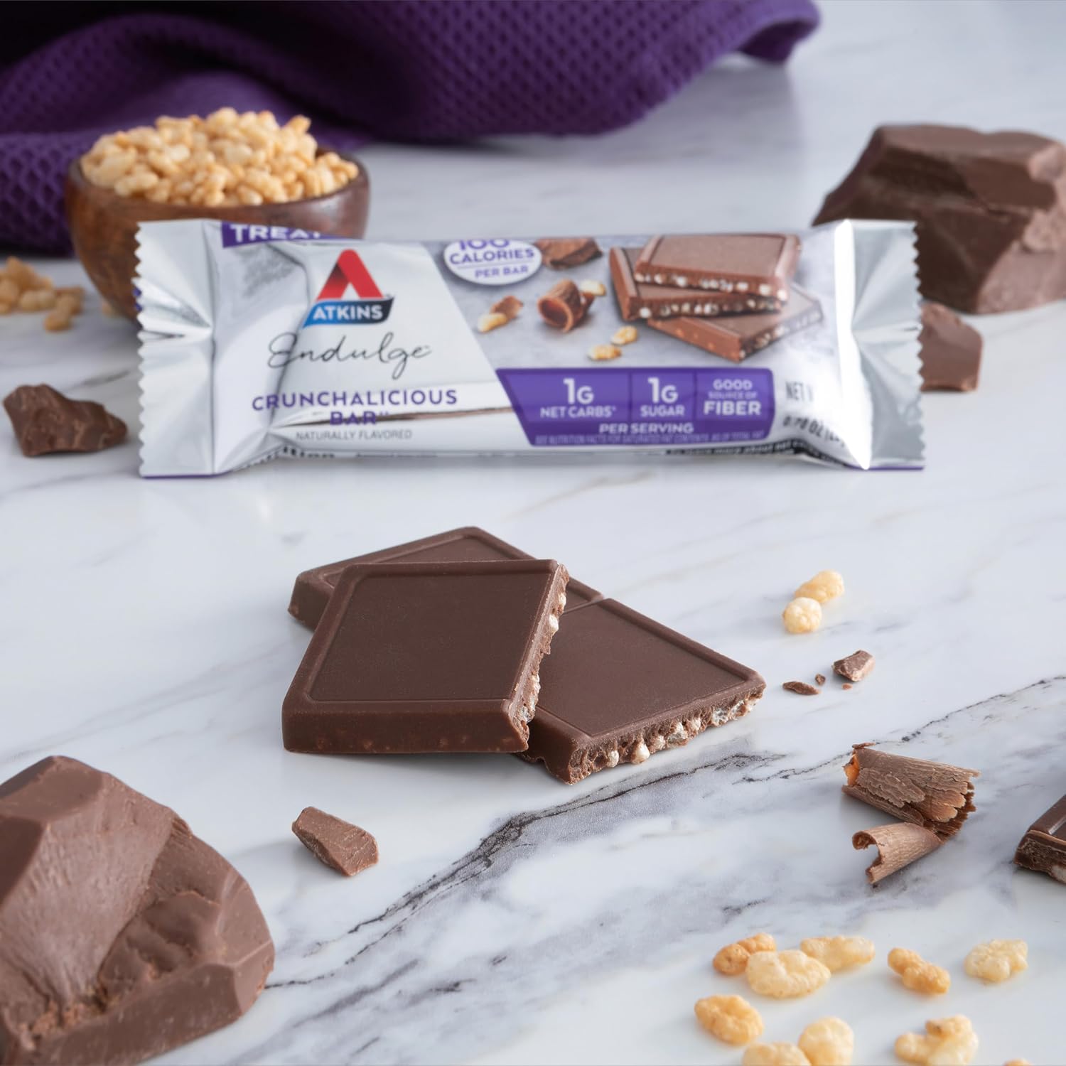 Atkins Endulge, Crunchalicious Bar, 1g Net Carbs, 1g Sugar, Good Source of Fiber, 5 Count (Pack of 8)