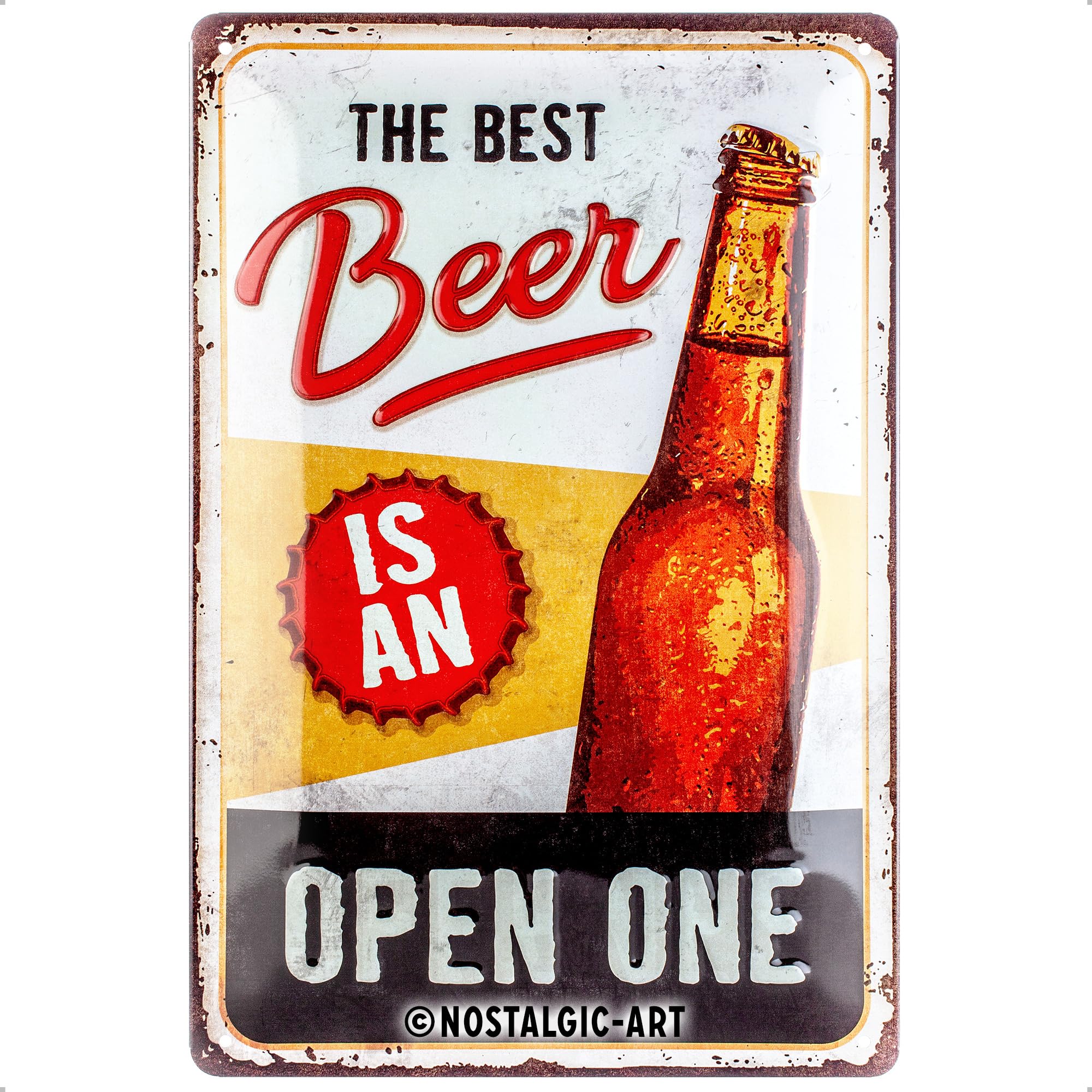 Nostalgic-Art Tabliczka blaszana w stylu retro, The Best Beer is an Open One – pomysł na prezent jako akcesorium barowe, wykonana z metalu, styl vintage, do dekoracji, 20 x 30 cm