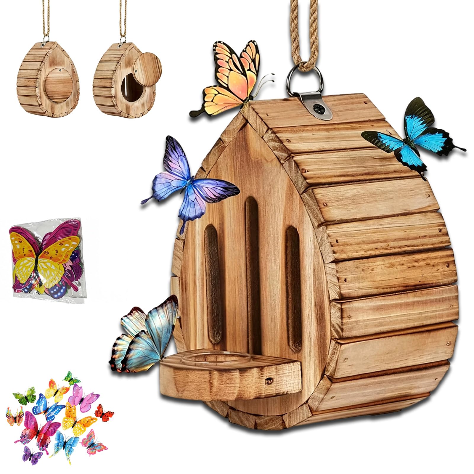 Butterfly House for Garden, Teardrop-Shaped Wooden Butterfly Habitat & Feeder With+Rope, Outdoor Butterfly Shelter for Outside Garden Decor, Easy to Clean (1pc)