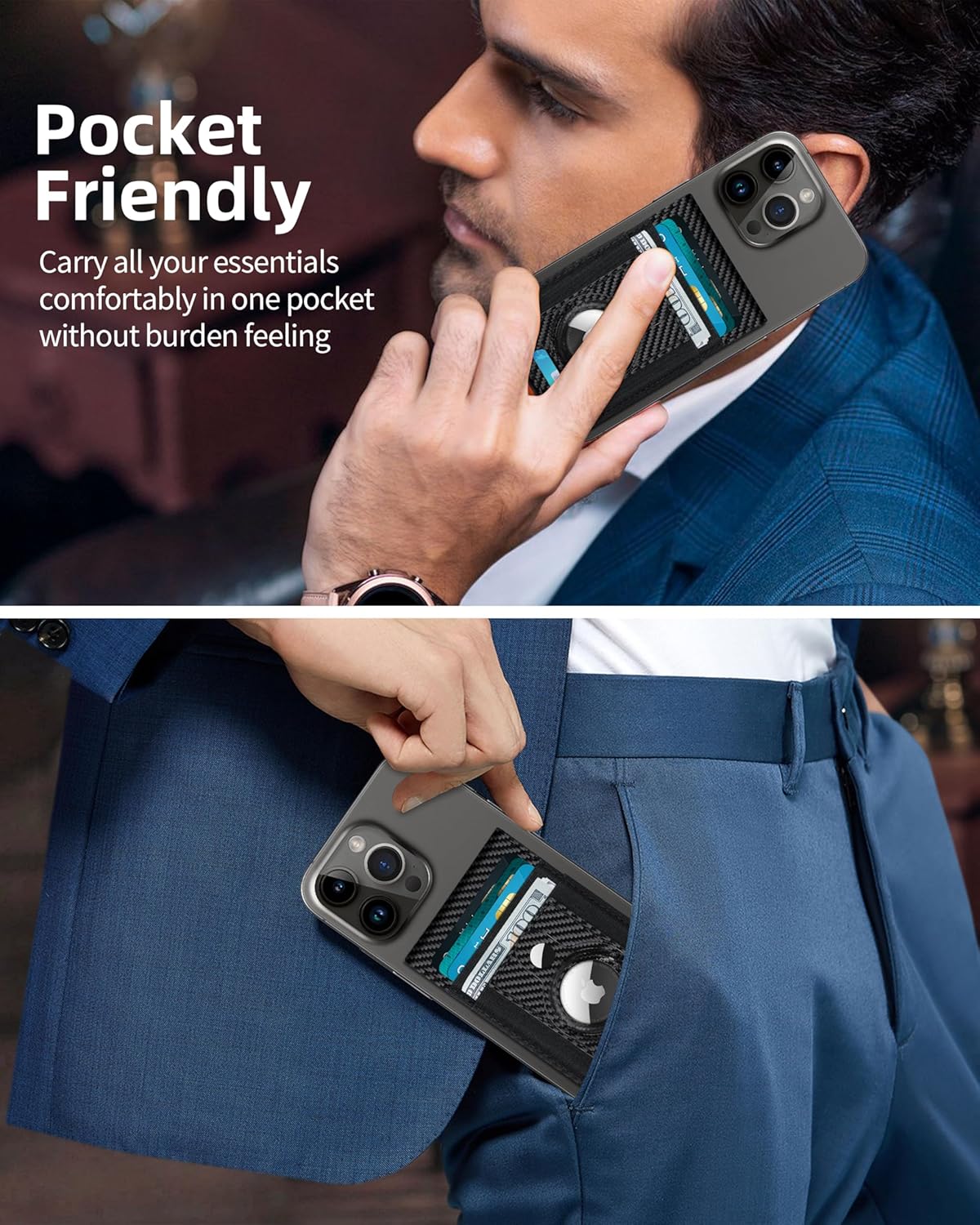 For Magsafe Wallet Stand with Airtag Holder, Strongest Magnetic Wallet for iPhone 17/16/15/14/13/12 Series, ID Window, 4 Card Slots, 10 Cards Holder, Vegan Leather, RFID Blocking, Black Carbon Fiber - Image 8