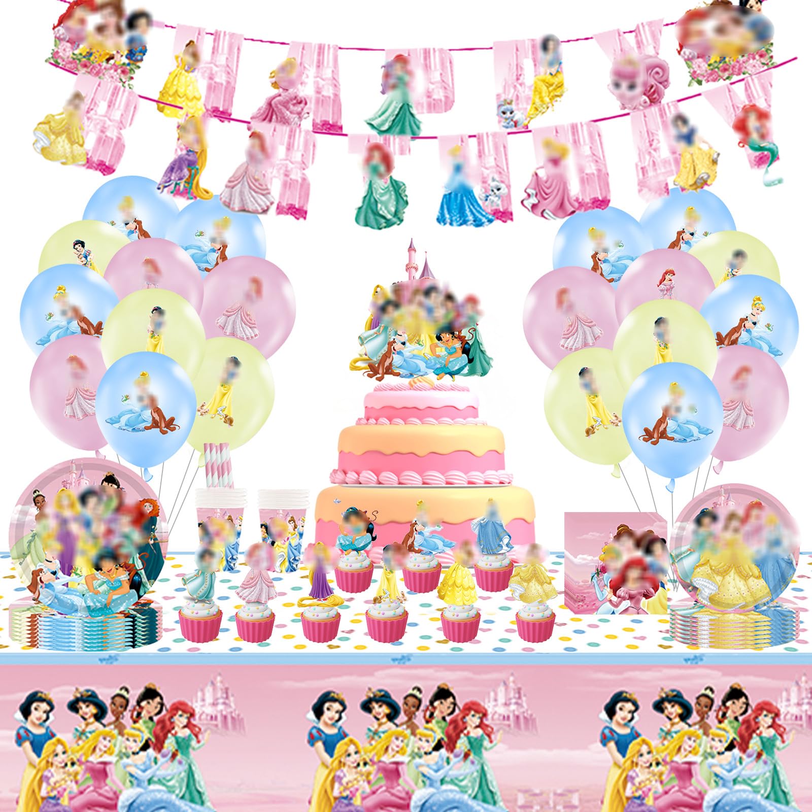 Princess Party Decorations, 105PCS Birthday Decorations, Party Supplies with Banner Balloons Cupcake Toppers for Girls Kids