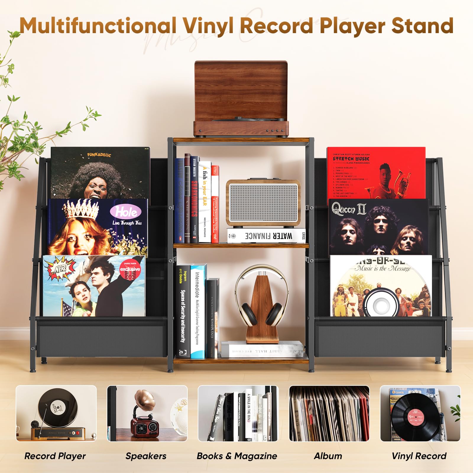 Plateau pour platine vinyle, support pour disques vinyles, support pour disques vinyles avec lecteur vinyle pour jusqu'à 300 albums, plateau pour platine vinyle avec lecteur multimédia vinyle