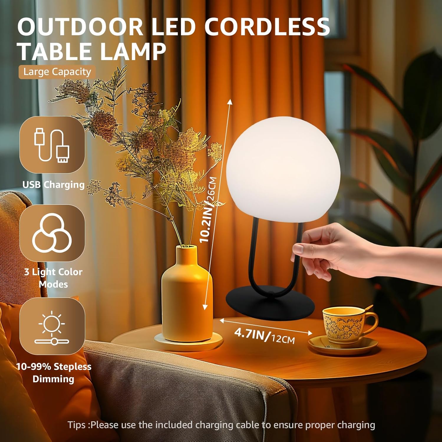 uuffoo Rechargeable Table Lamp Waterproof, Cordless Table Lamp with 3 Color Stepless Dimmable, Battery Operated Lamps Outdoor Table Lamp Restaurant, Bar, Patio, Camping