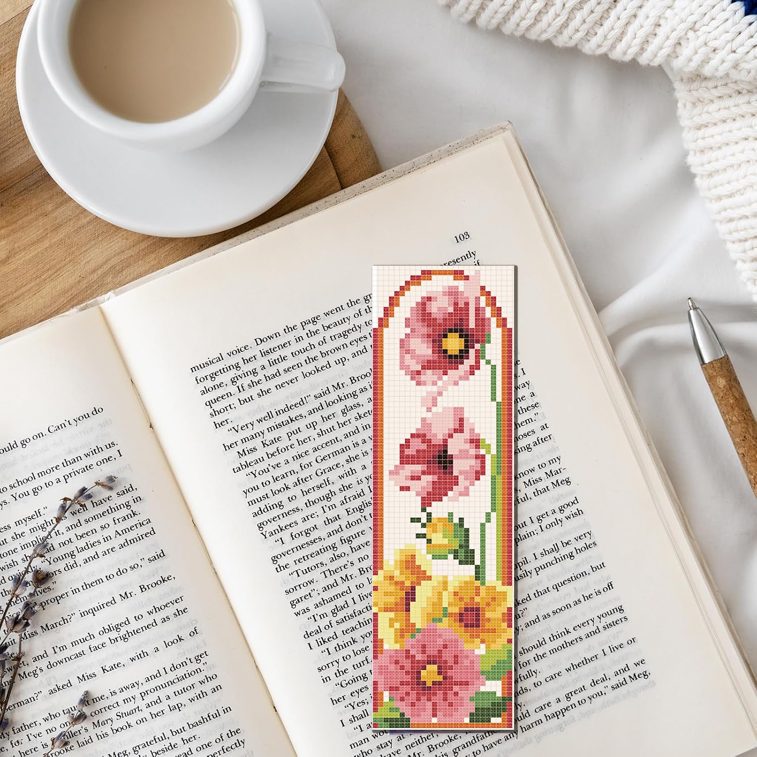 FREEBLOSS 12 Set Cross Stitch Bookmark Kit Stamped Cross Stitch Kit Flower and Words Embroidery Set with Instruction for Adults Beginners 11CT 8"x 2.4"