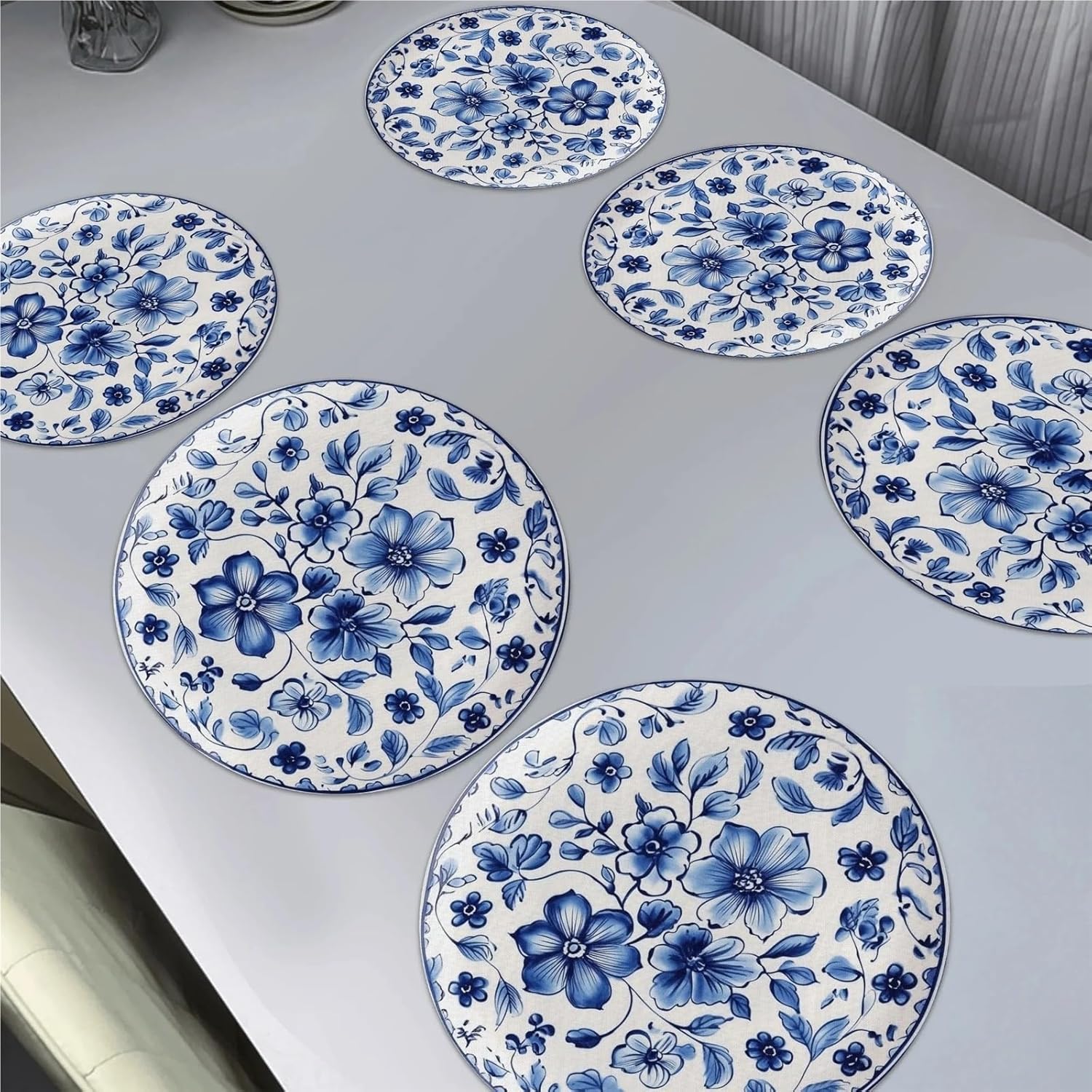 VIKAMA 6PC Blue and White Flower Table Mat Fresh Countryside Wind Wave Border Defense Hot Pot Mat Dining Table Party Decoration
