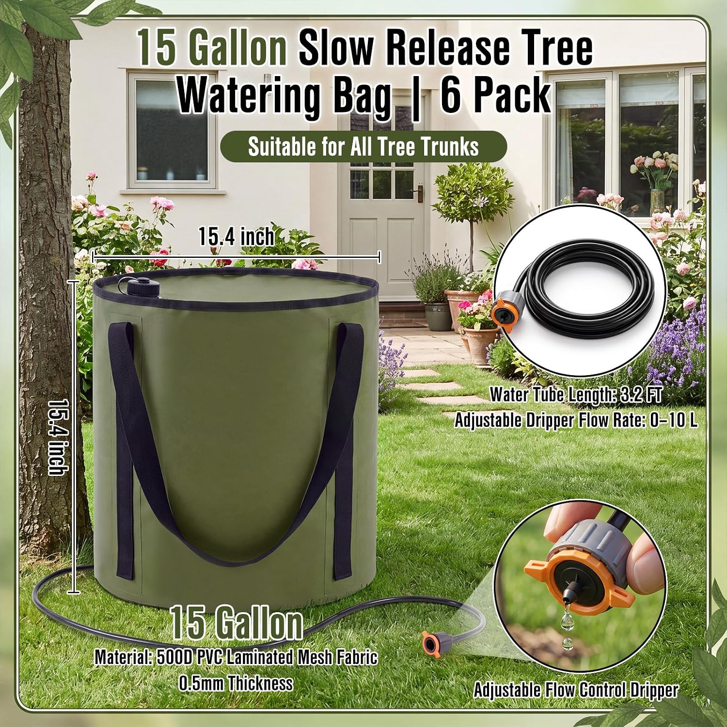 Novabright 6 Pack Slow Release Tree Watering Bags, 15 Gallon | Adjustable Drip Control, 1 to 5 Day Water Release, 3.3 ft Hoses, Deep Root Irrigation for Newly Planted Trees