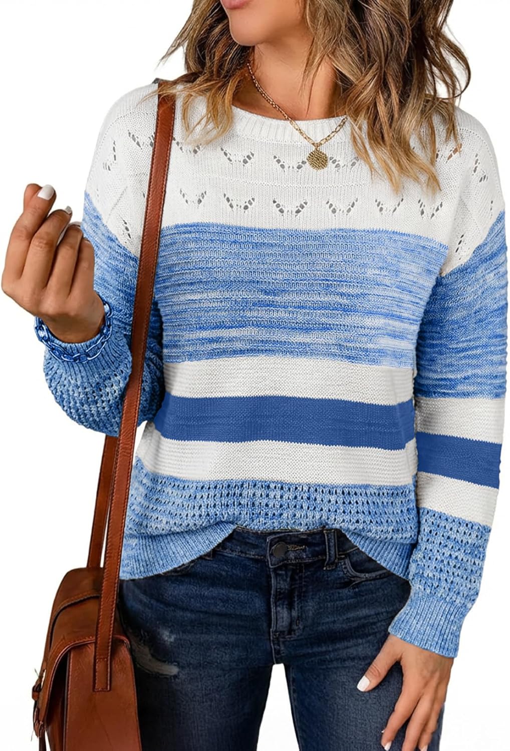 Sidefeel Women's Oversized Sweaters Striped Crochet Boat Neck Hollow Out Lightweight Long Sleeve Knit Trendy Pullover Tops