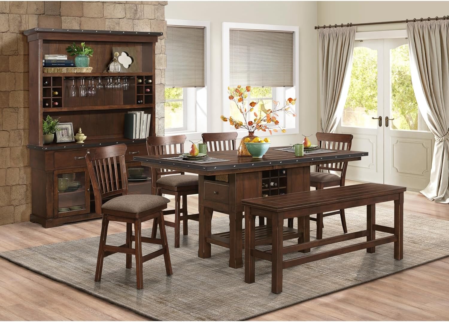 Dark Brown Finish Counter Height Wooden Bench - Classic Dining Kitchen Furniture (One Bench Only)