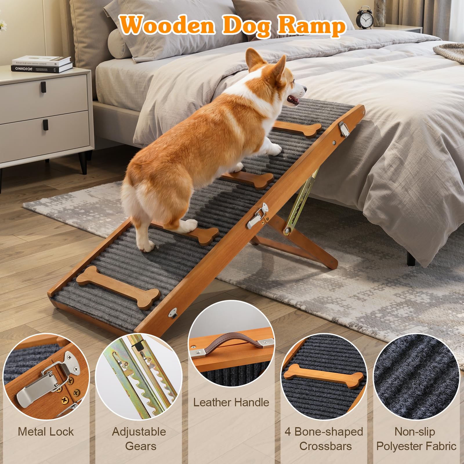 VavoPaw Rampa Mejorada para Perro, Rampa Plegable para Perros Pequeños para Camas, 7 Alturas Ajustables de 3,9"-18,9" con Almohadilla Antideslizante, Escaleras para Mascotas de hasta 33 LBS, Nuez