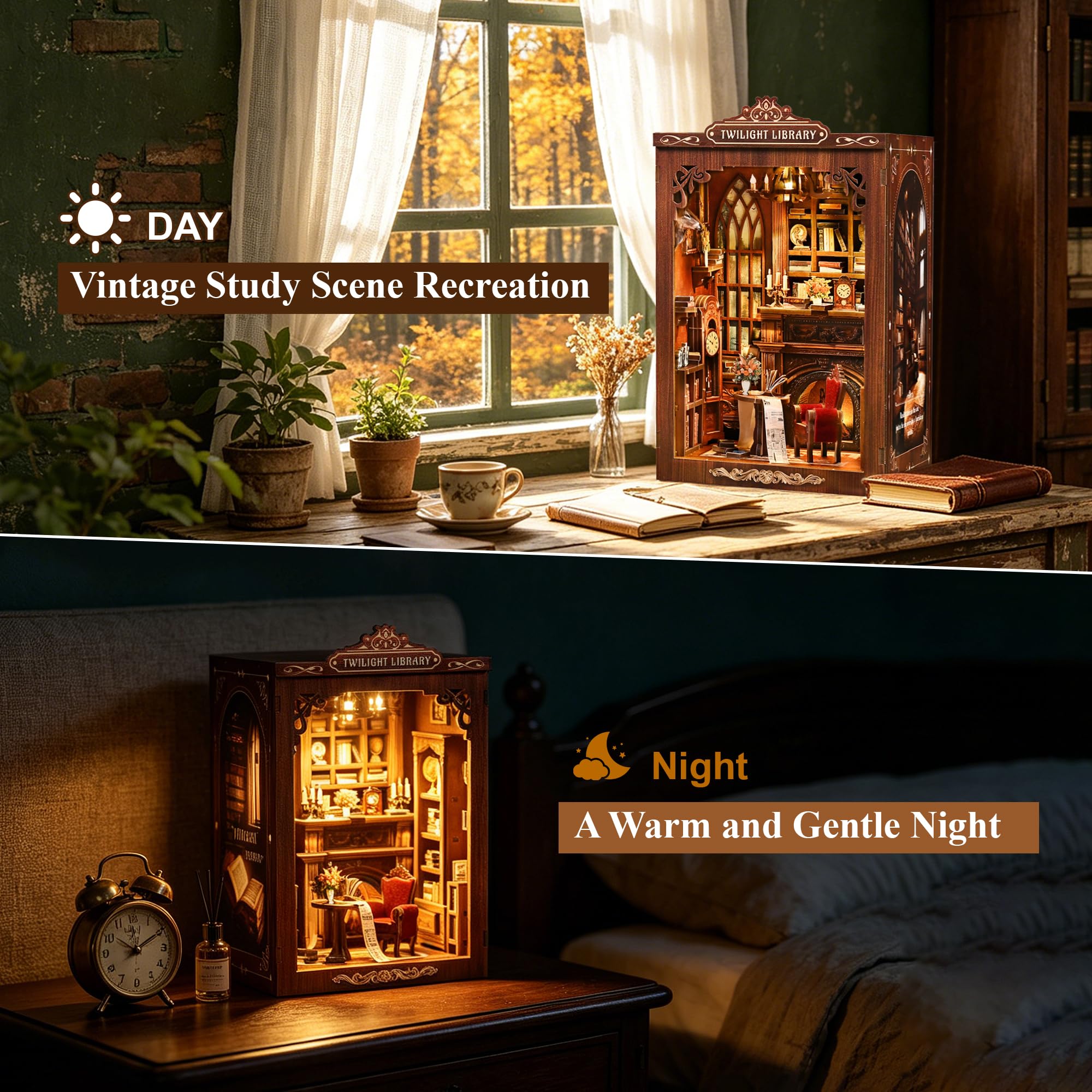 Kit Book Nook pour Adultes: LUMYCE Puzzle 3D en Bois avec poussière et lumière LED - Maquette Déco et Architecture pour Les Amoureux des Livres créatifs