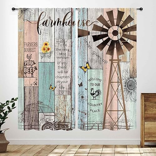 Miniatura 14 de Cortinas de cocina de granja, animales de granja rústica, gallo, pollo, leche, vaca, cerdo, molino de viento, granero rojo, retro, casa rural,