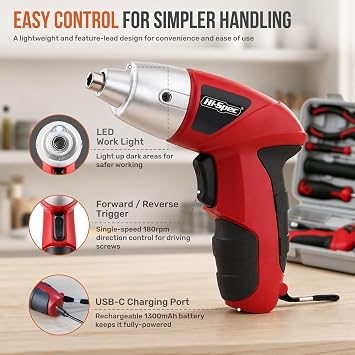 Hi-Spec 4V USB Electric Screwdriver Tool Kit for Home Repairs, Red