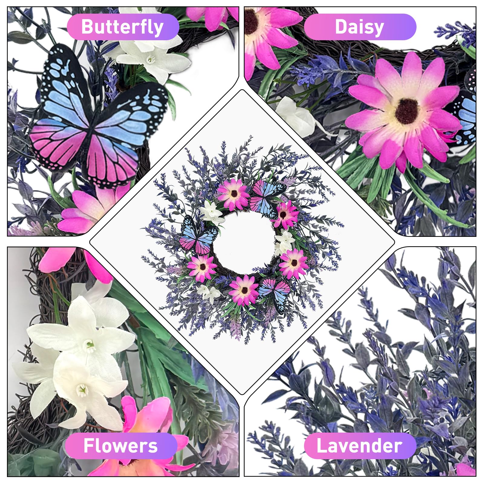 16-Inch Lavender Butterfly Wreath with Artificial Flowers and Butterflies, Spring and Summer Door Wreath for Home Wall Decor