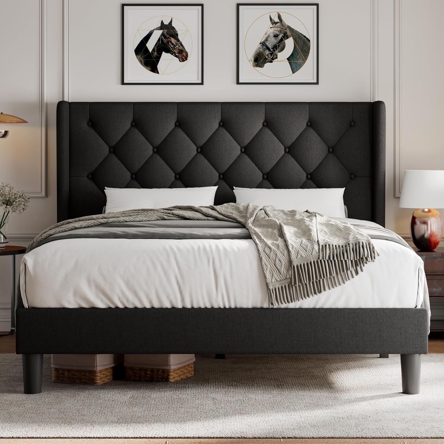 iPormis Queen Size Platform Bed Frame with Button Tufted Headboard, Upholstered Bed Frame with Solid Wooden Slats, 8" Underbed Space, No Box Spring Needed, Noise Free, Easy Assembly, Black