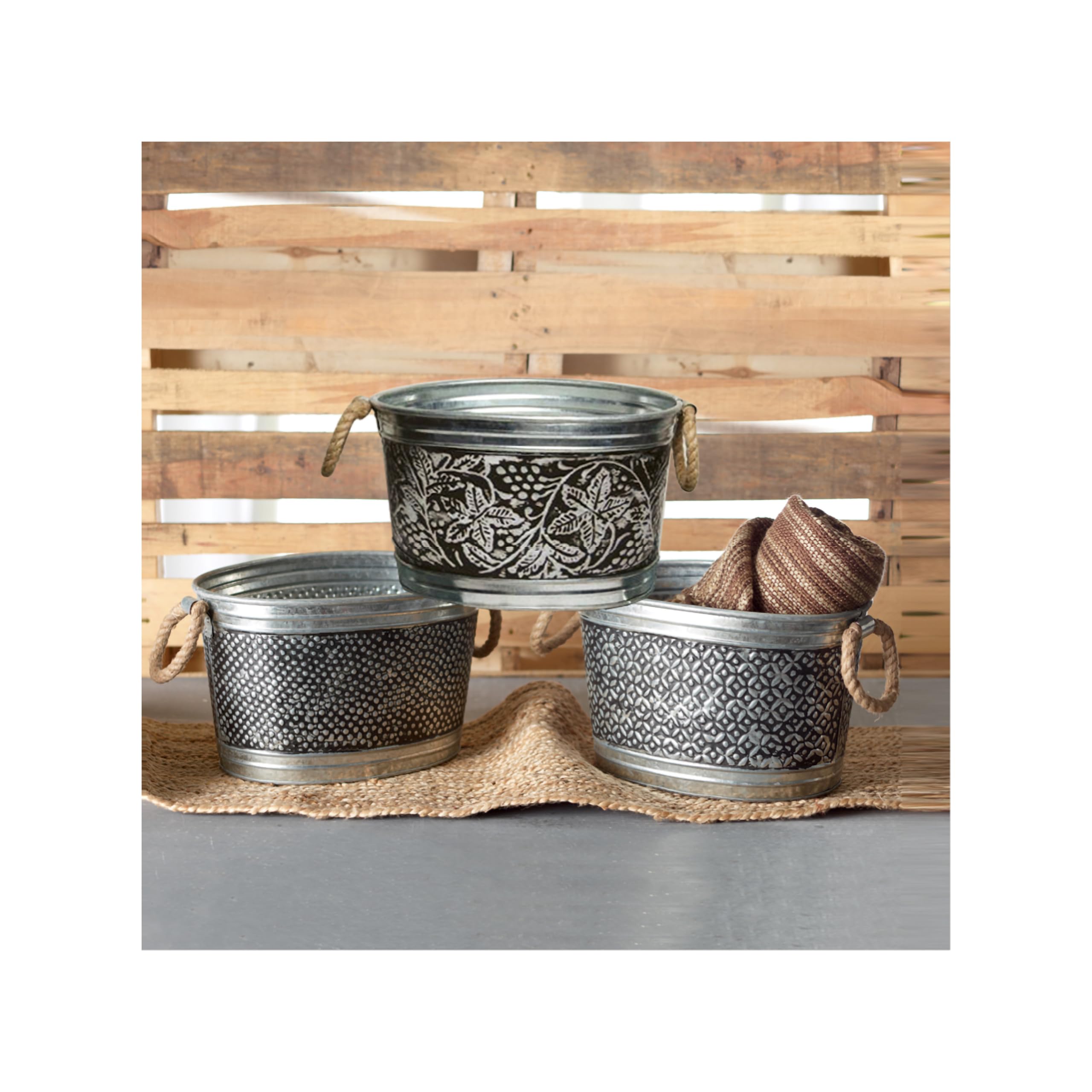 India Handicrafts 13306-SET3 Polka Dot Diamond Floral 13 x 10.25 x 7.75 Inches Each, Jute Rope Wrapped Handles, Metal Beverage Party Bucket Tub Organization Storage Bin, Kitchen Décor, 3 Piece Set