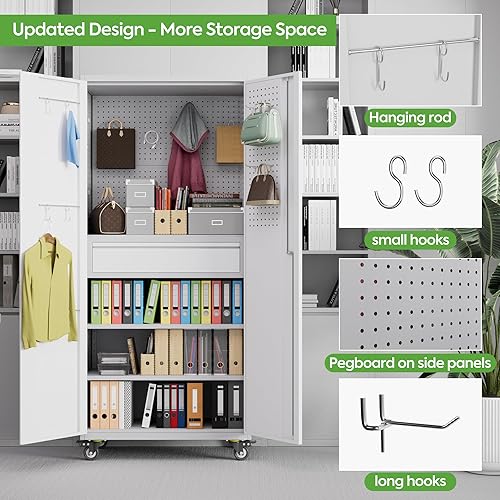 Miniatura 88 de Armario de almacenamiento de metal con tablero de clavijas de 31.5 x 31.5 x 16.5 pulgadas, armario de almacenamiento de acero con cerradura con 5