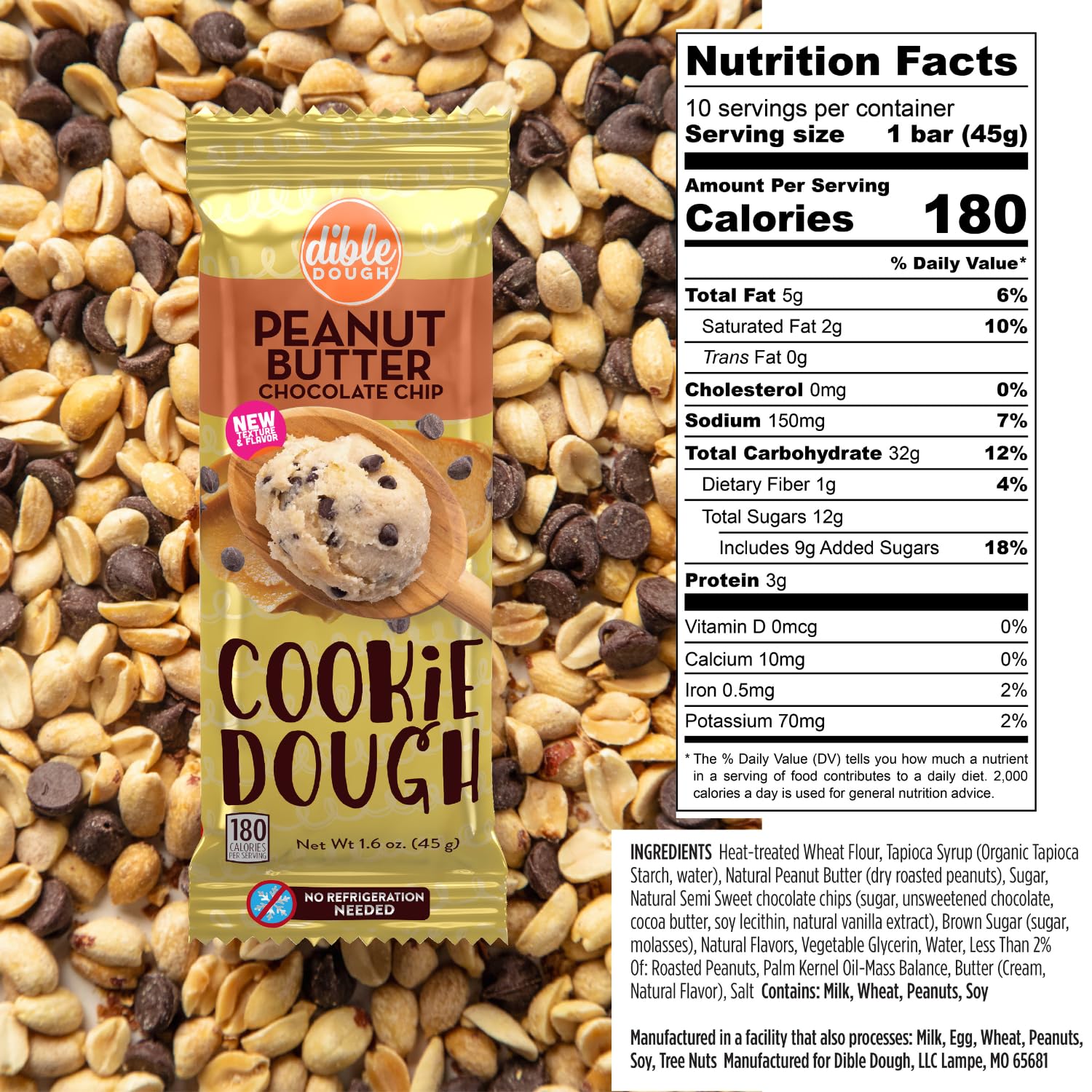 Dible Dough Edible Cookie Dough Bars, All Natural Ingredients, Low Calorie Healthy Snacks - 180 Calories per Serving, Non-refrigerated Snack Bars, 10-Pack (Peanut Butter Chocolate Chip)