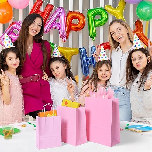 Miniatura 5 de BLEWINDZ 32 bolsas de regalo medianas de 10.6 pulgadas con pañuelos, bolsas de papel para fiesta con asas, bolsa de regalo arcoíris para cumpleaños,