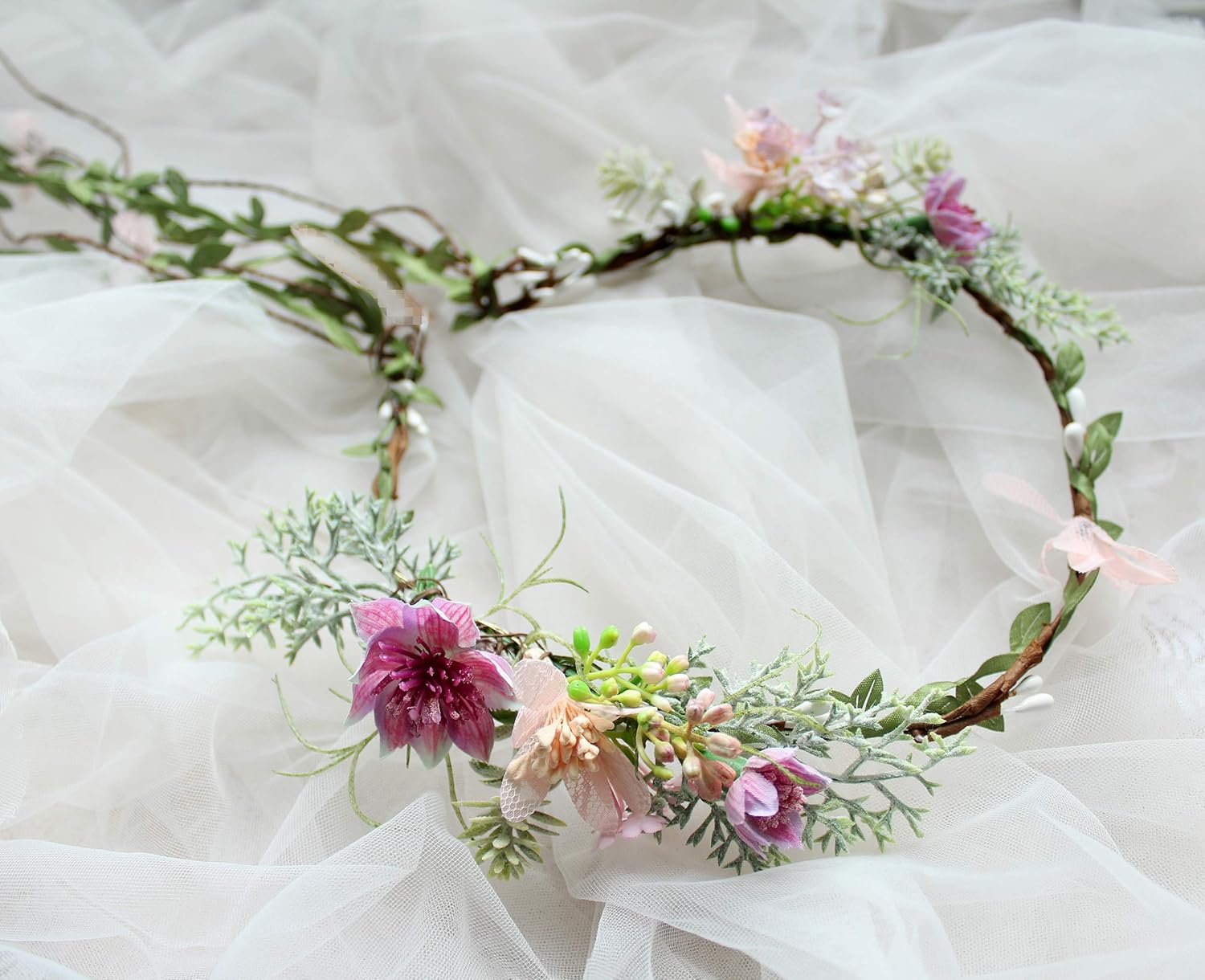 Vine Flower Crown Boho Flower Headband Hair Wreath Floral Halo Headpiece with Ribbon Wedding Party Photos Rosy - Image 3