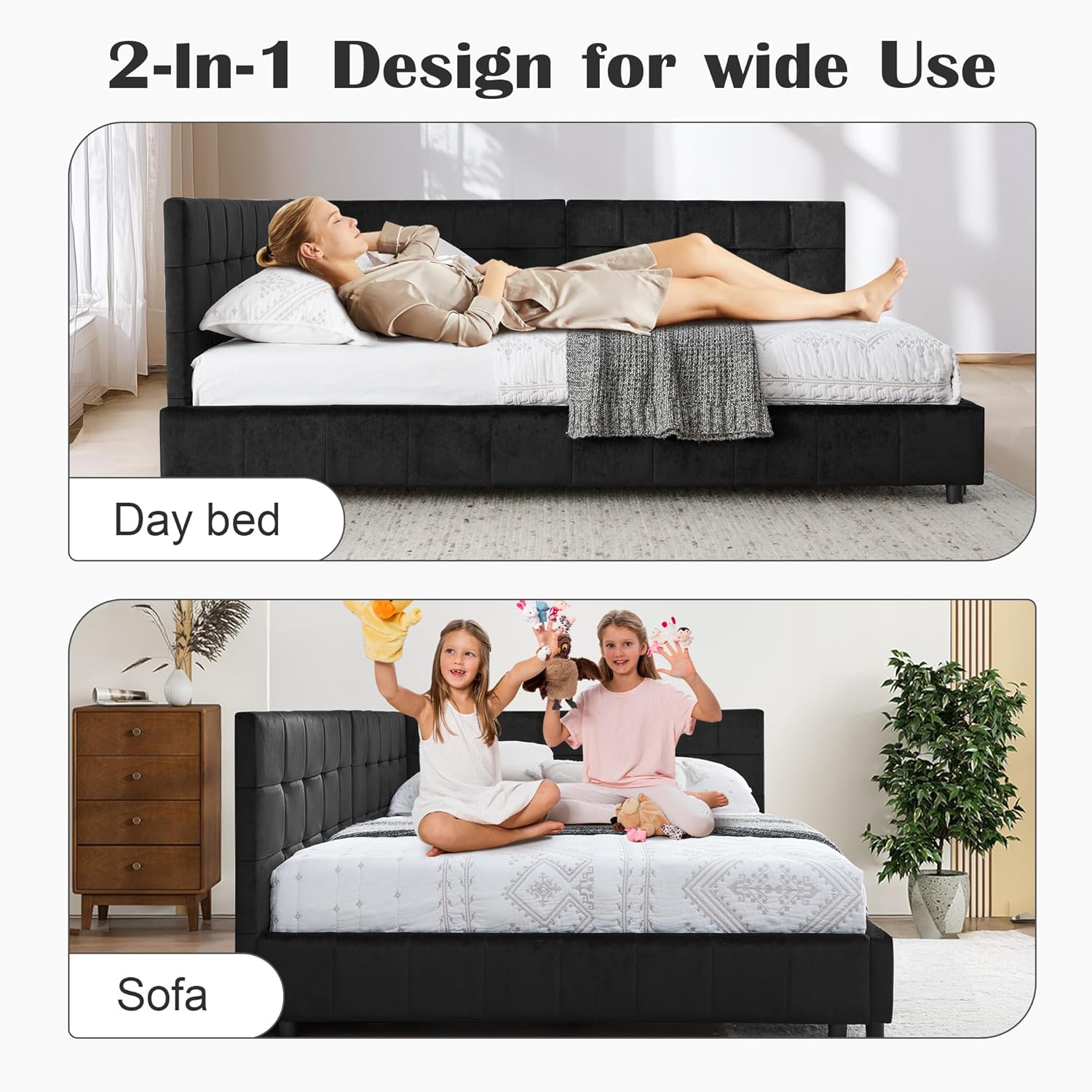 Queen Size Daybed L-Shaped, Modern Velvet Upholstered Sofa Day Bed Frame with Wood Slats for Living Room Bedroom Guest Room, No Box Spring Needed (Black, Queen)