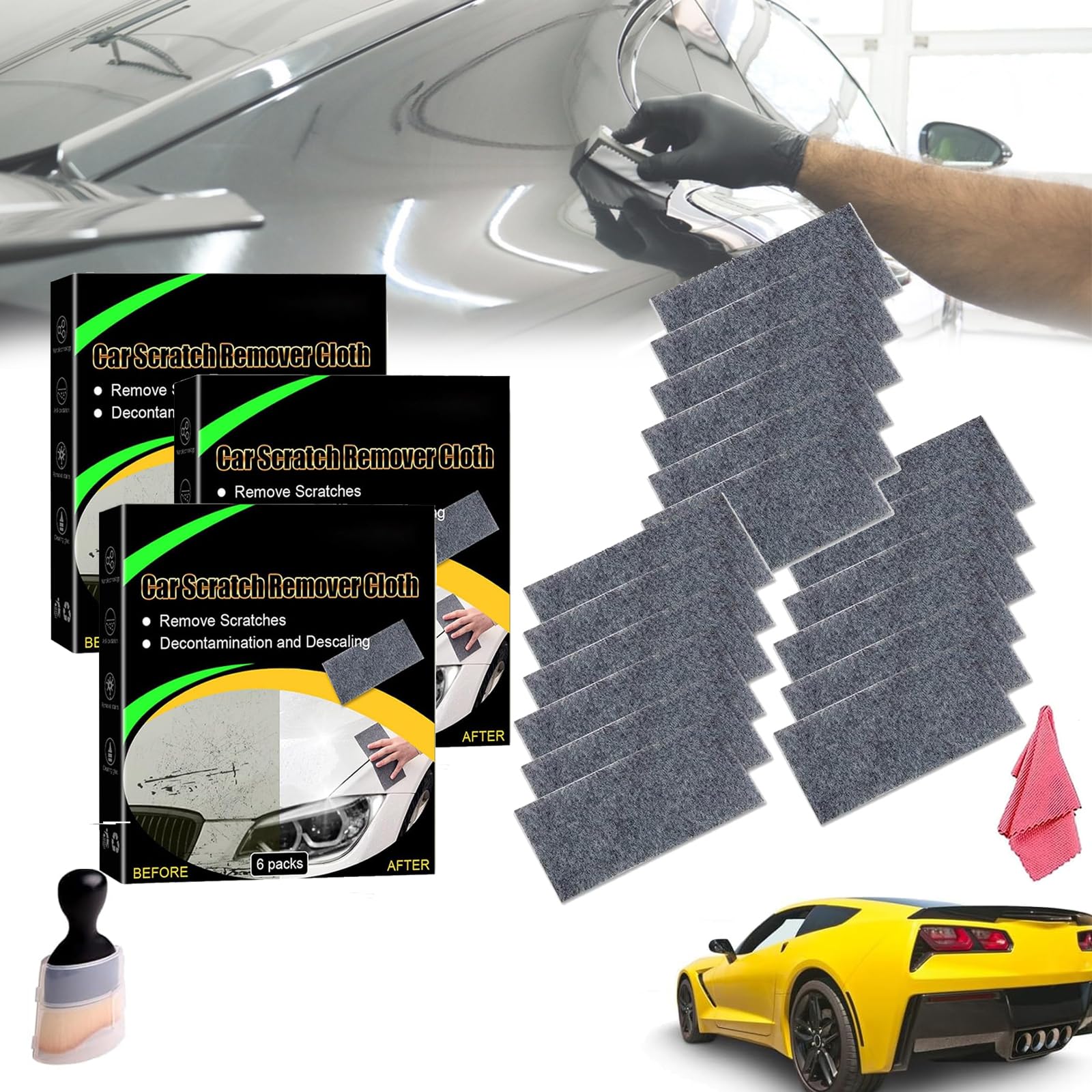 Nano Sparkle Cloth Car Scratch Remover - Nano Sparkle Car Cloth for Scratches, Breathe Green Nano Sparkle Cloth with Interior Cleaning Brush, Easily Repair Scratches, Paint Residues (18PCS)
