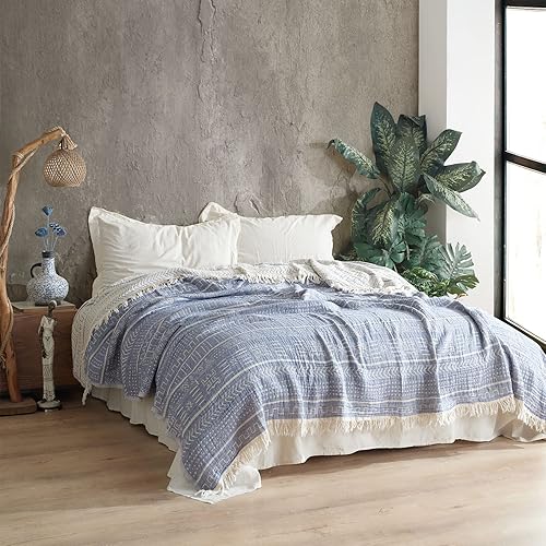 Aztec - Manta de algodón 100 % tamaño Queen, 3 capas transpirable y ligera, colcha de verano, manta de gasa bohemia, manta de cama suave azul