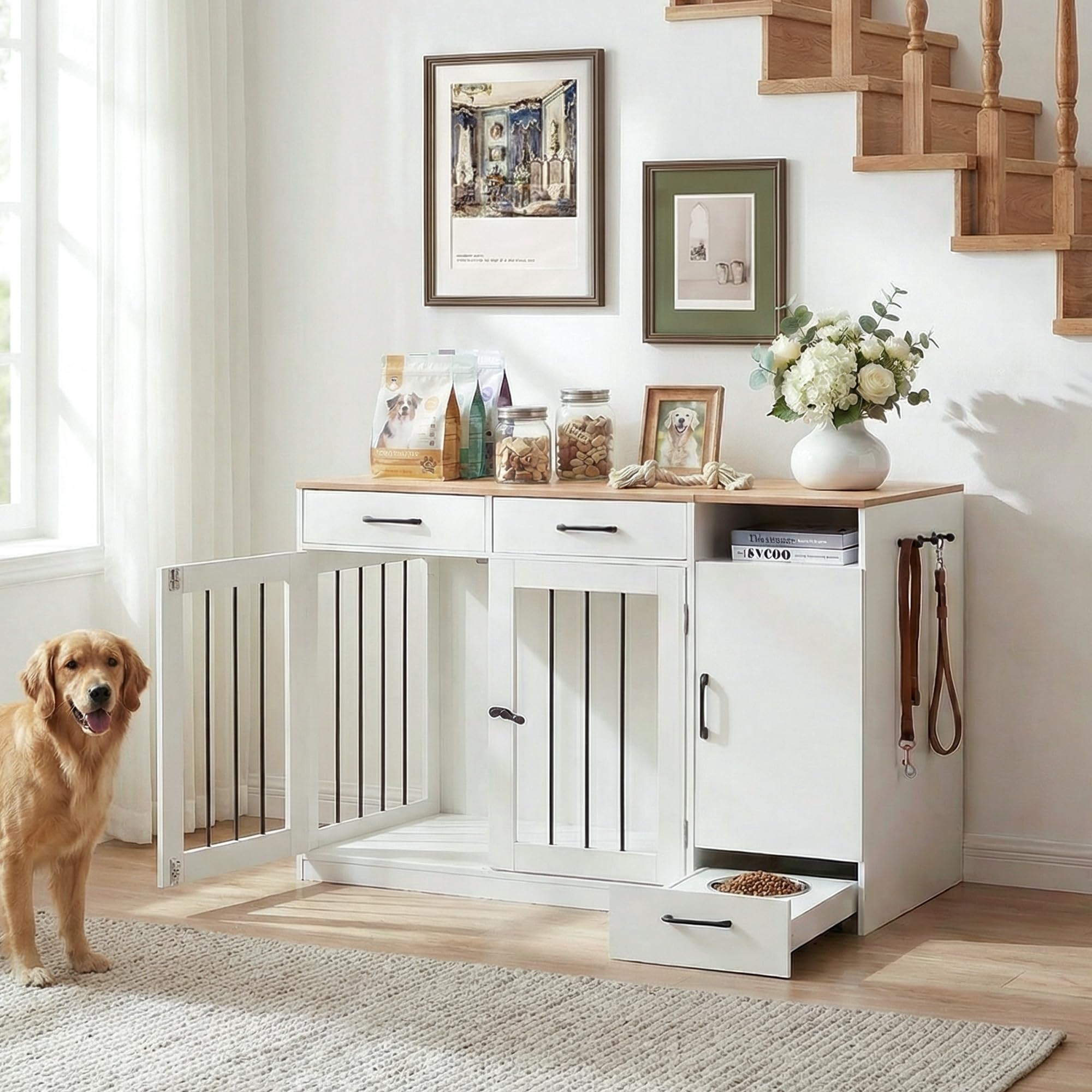 CLIPOP Hundekäfig Möbel, hundebox für zuhause, 125x60x88cm, Abschließbare Hundehütte, Moderne hundebox Holz Indoor, mit Schublade und Hundenapf, Vintagebraun und Weiß