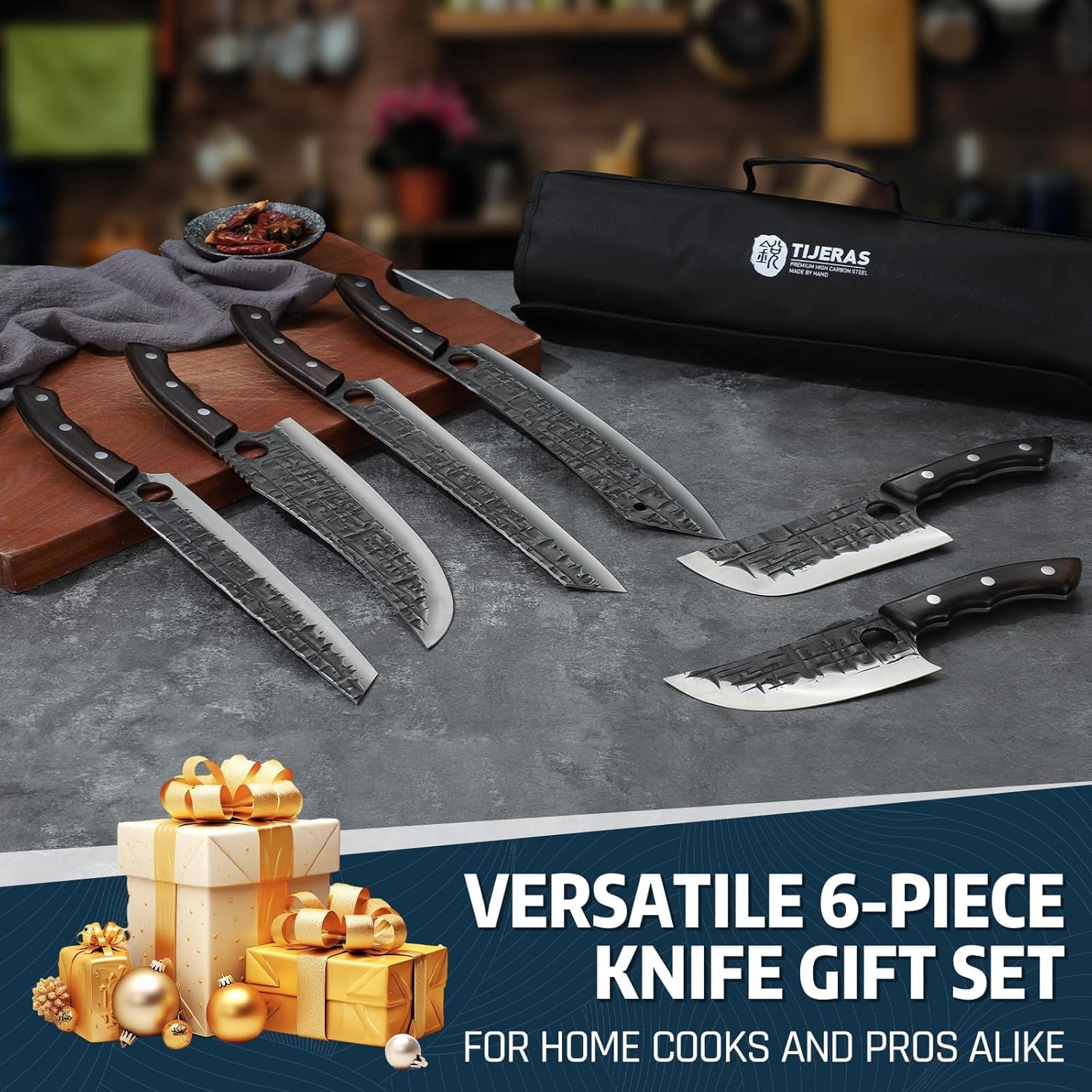 TIJERAS Butcher Knife Set, Hand Forged BBQ Viking Meat Cleaver Knives, Professional Chef Knife Set with Roll Bag for BBQ, Camping, Birthday Gifts for Men Women