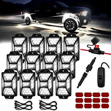 12 Pods Pure White LED Rock Light Kit with Switch Wiring Harness, 6500K 324 LED Bright Rock Light for Truck, Waterproof Underglow Light for Car, Jeep Off-Road ATVUTV SUV