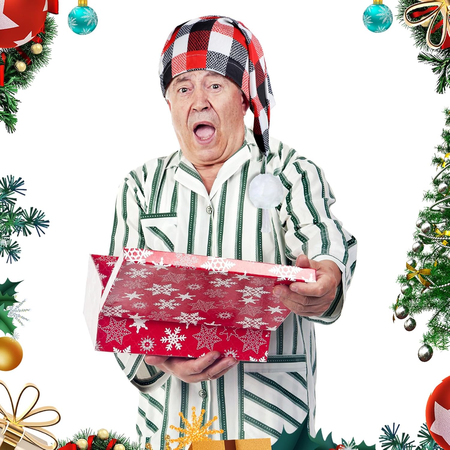 Janmercy 2 Pcs Sleeping Cap for Men Adjustable Sleep Cap Men Buffalo Plaid Night Hat with Ball Tassel for Winter Christmas