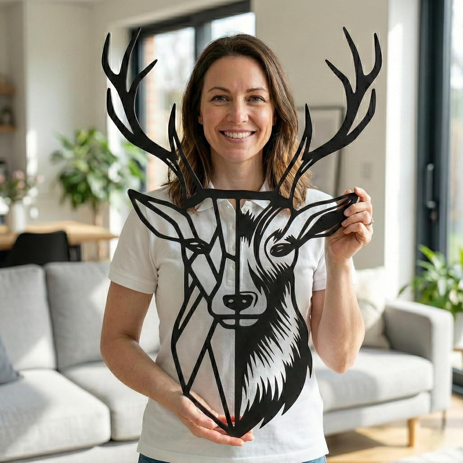 Metal Deer Head Natural Metal Wall Art 3D Deer Silhouette Metal Wall Decor Home Decoration Deer Sculpture Deer Antler Metal Sign Metal Charm (12" W x 24" H / 32 x 61cm)
