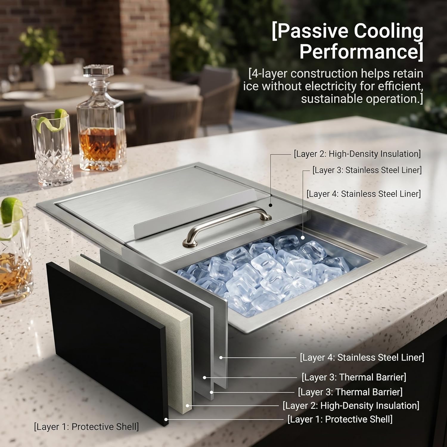 Embedded freezer, stainless steel plug-in cooler, suitable for outdoor kitchen, terrace, bar, commercial freezer with sliding cover, including drain pipe and drain plug, chilled wine and beer