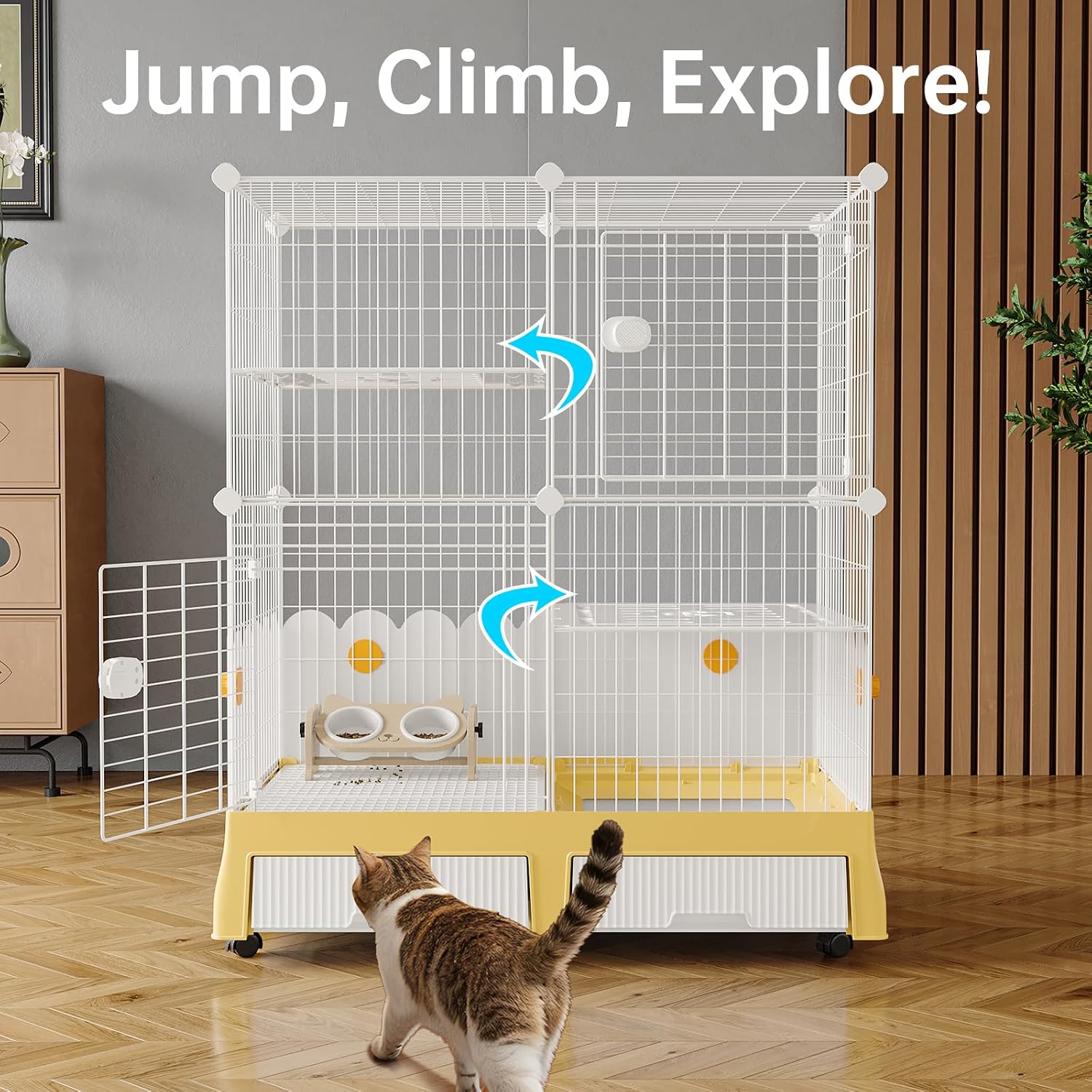 Oneluck Large Cat Cage Indoor On Wheels,Cat Enclosure with Litter Box Ideal for 1-3 Cats,35.5" L x 21.6" W x 44.4" H,Kennel for Cats